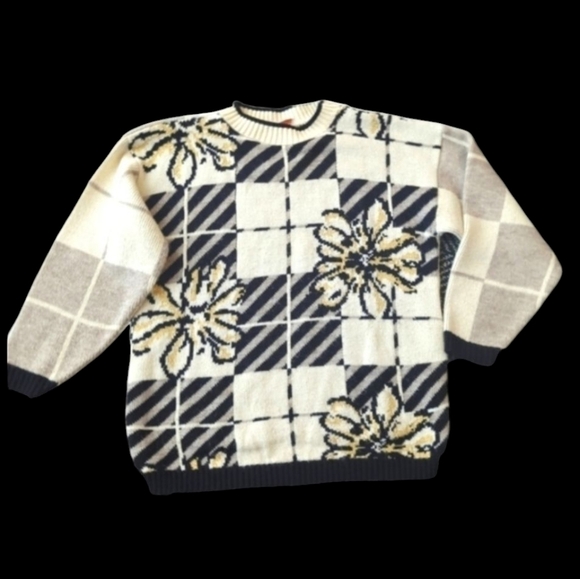 Vtg 90s Spunky cream/ gray/Black/Lurex Geometric pattern knit sweater sz M - Picture 7 of 8